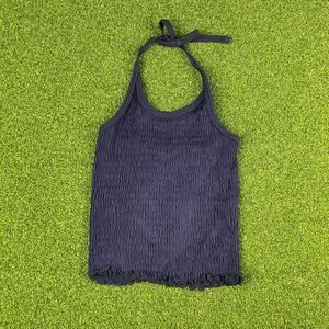 Vintage Simply Basic Navy Ruffle Hem Cami Tie Halter Top Sz 10/12